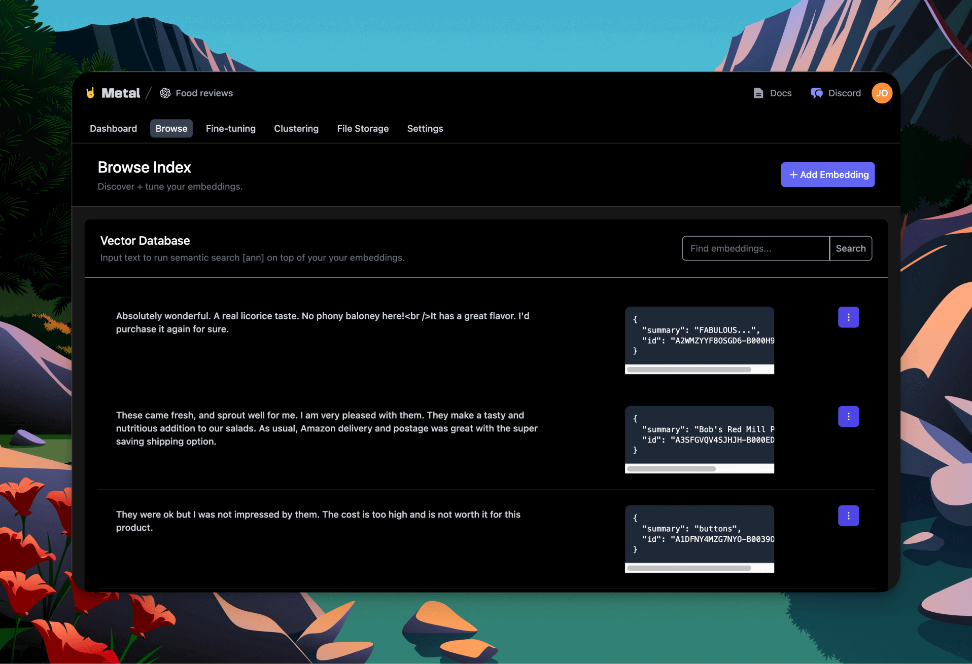 Metal Dashboard Interface Screenshot of the Metal dashboard showing the Browse Index feature with sample data.
